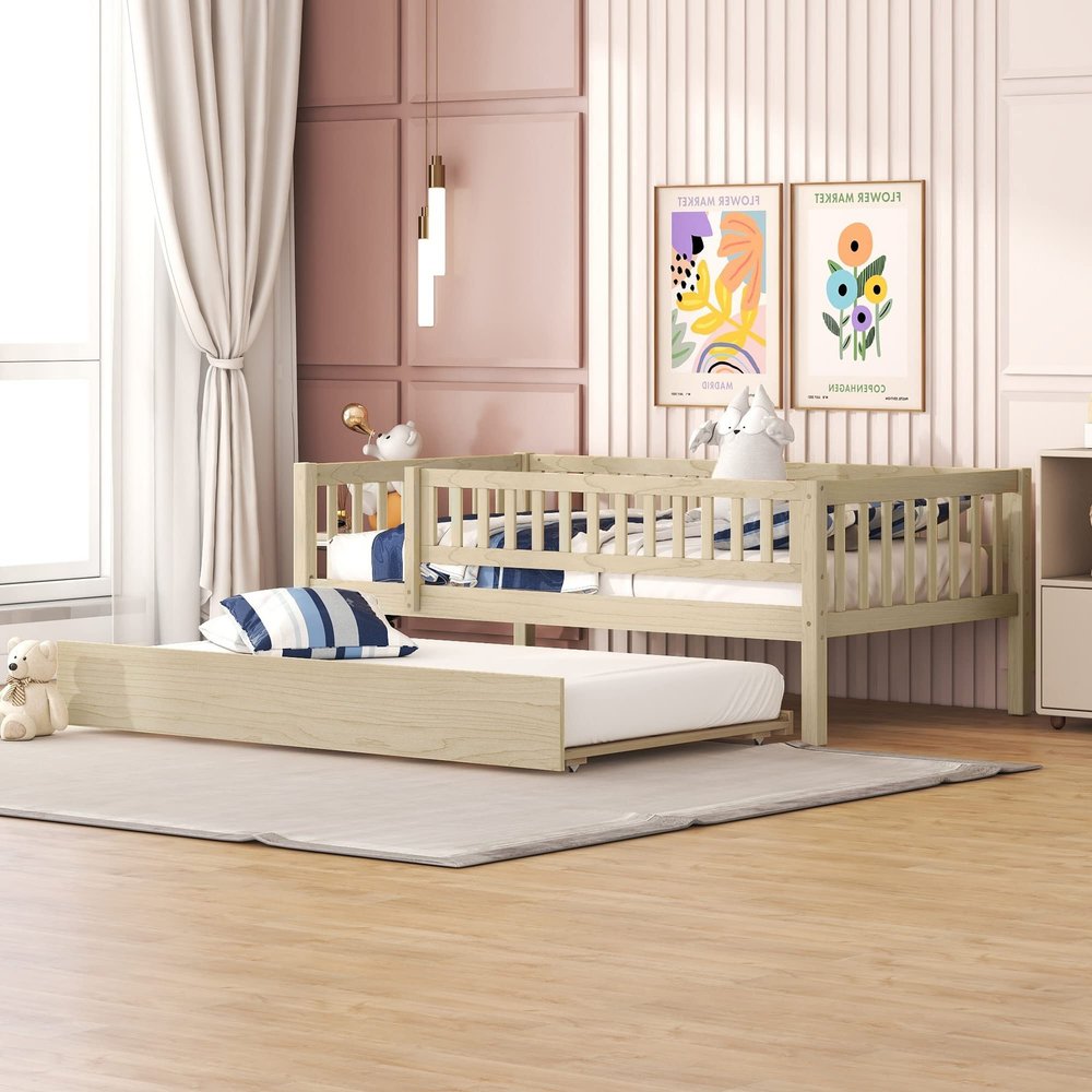 Hlcodca Twin Size Bed Frame with Trundle and Fence Guardrails for Kids Teens Adults, Wood Slat Support, No Box Spring Needed, Easy Assembly (Natural, Twin)