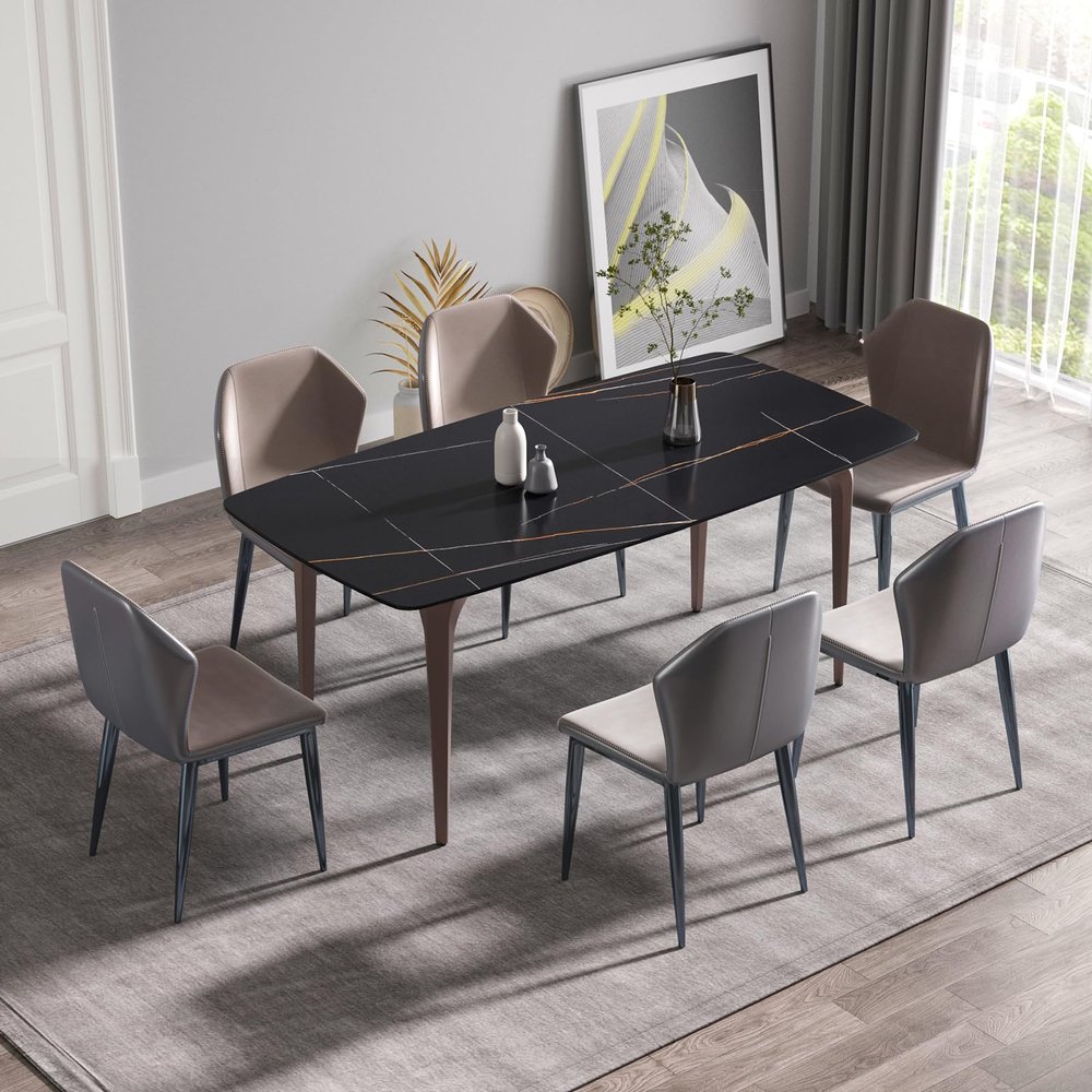 71" Dining Room Table Fits up to 8, Modern Curved Black Kitchen Table with Sintered Stone Tabletop Boat Shaped Dining Table with 4 Pink Metal Legs for Kitchen Restaurant (Only Table)