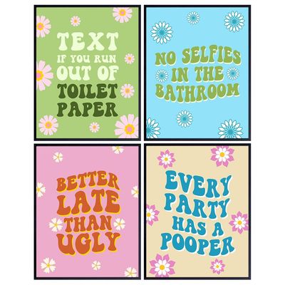 60s 70s Vintage Bathroom Decor - Cute Bath Pictures - Small Bathroom Wall Art - Funny Quotes Wall Decor Poster Set - Hippie Restroom Print Aesthetic - Retro style Preppy Room Picture - Restroom Sign