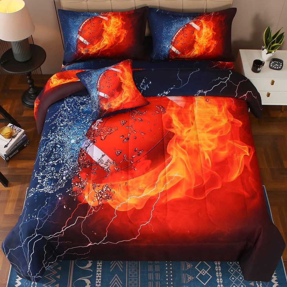 JQinHome Full Football and Fire Comforter Sets for Boys,6 Piece Bed in A Bag 3D Sport Themed Bedding -All Season Soft Microfiber Bedding Sets with Pillowcase, Flat Sheet, Fitted Sheet,Cushion Cover