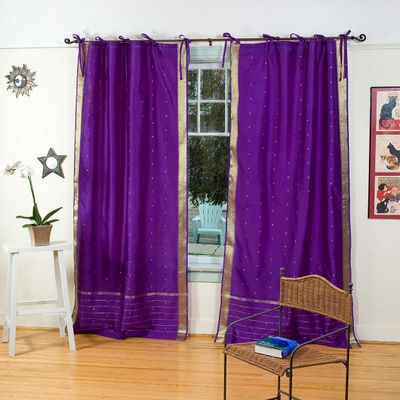 Handcrafted Purple Indian Sari Curtains, Tiebacks Included Unlined Tie Top Sari Sheer Curtains, 60"W x 84"L, Beauty & Elegance for Living Rooms, Bedrooms, and Dining Rooms, Sold in Pairs