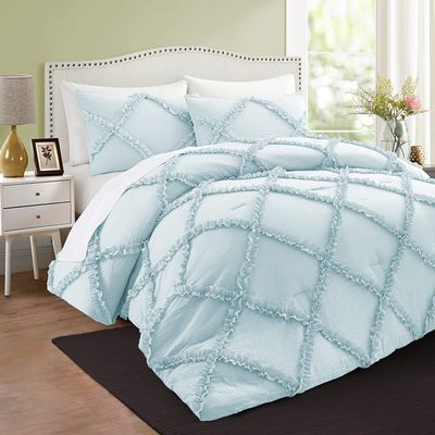 BedDecor 3 PC Luxury Diamond Ruffle Lightblue, Oversize King 2PC (20 x 40) Pillow Case 800 TC 100% Long Staple Cotton Down Alternative Comforter