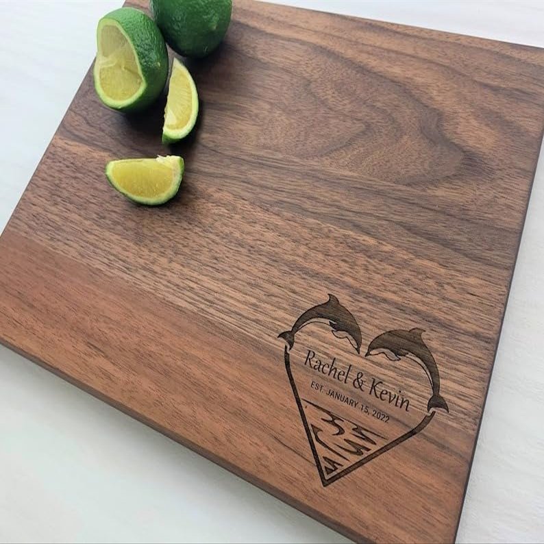 Personalized Cutting Board, Custom Cutting Board, Dolphin Themed Gift, Couples Gift, Wedding Gift, Florida Gift, Dolphins, Valentines, 067 (Maple, 11" x 6")