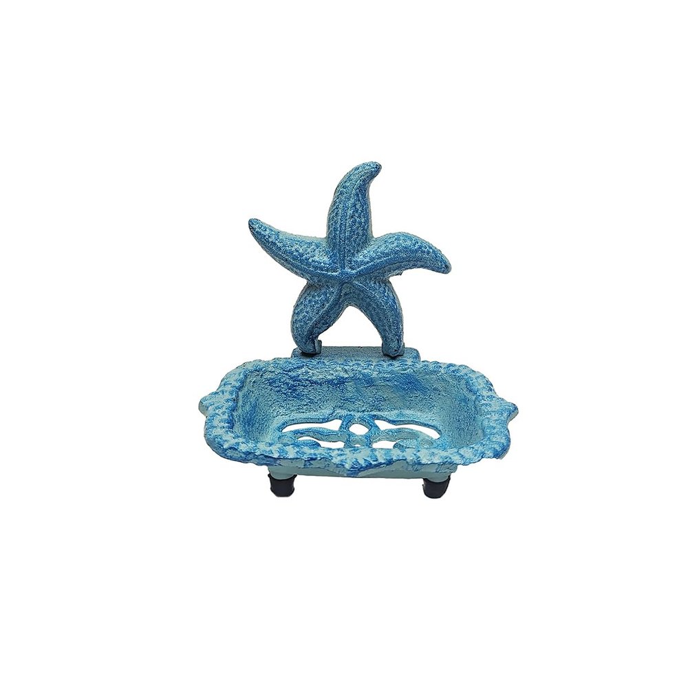 Blue Starfish Cast Iron Bar Soap Dish Sea Star Sponge Holder Nautical Bathroom Home Decor