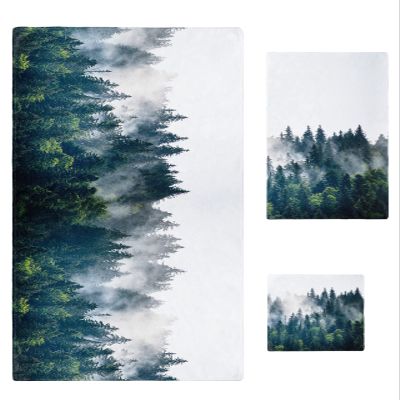 Green Forest Bath Towels for Bathroom Set - Luxury Towels Gifts for Women,Quick Dry Beach Kitchen Hand Hair Face Yoga Workout Gym Towel and Dish Washcloth,Misty Wood-land Trees Foggy Dreamy Scene