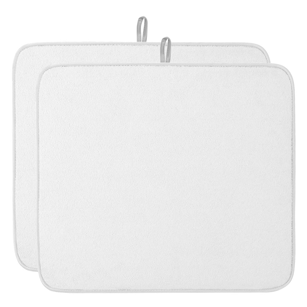 Solid White Dish Drying Mat for Kitchen Counter, Microfiber Rack Pads, Modern Minimalist Absorbent Dish Bottle Drying Mat, 16''x18'', 2 Pack