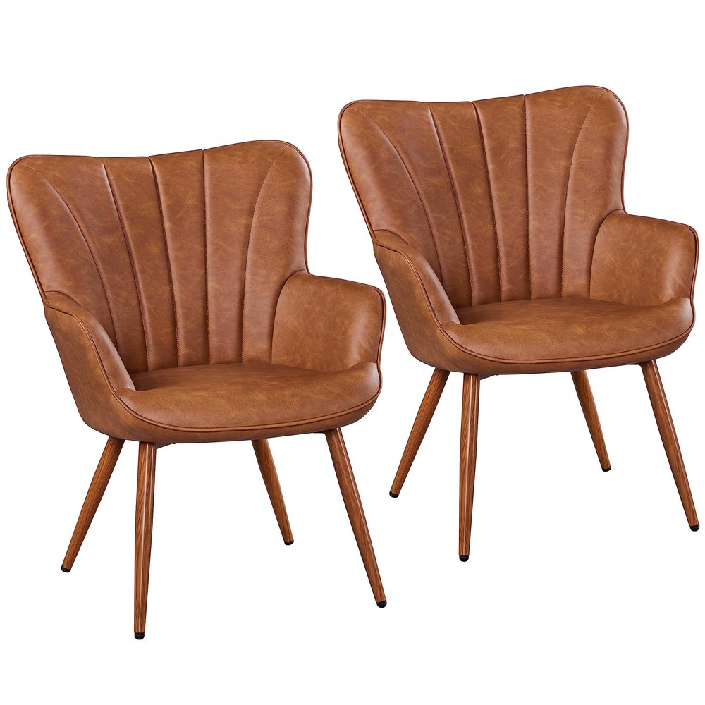 Yaheetech PU Leather Armchair, Modern Accent Chair with Metal Legs, Comfy Upholstered Barrel Chair for Living Room Bedroom Vanity Room, Brown, 2pcs