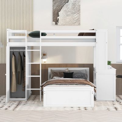 Hlcodca Twin Size Loft Bed with A Twin Size Stand-Alone Bed, Shelves,Desk,and Wardrobe Multifunctional 2 Beds in 1 Space Saving Furniture Bed Frames (White, Twin)
