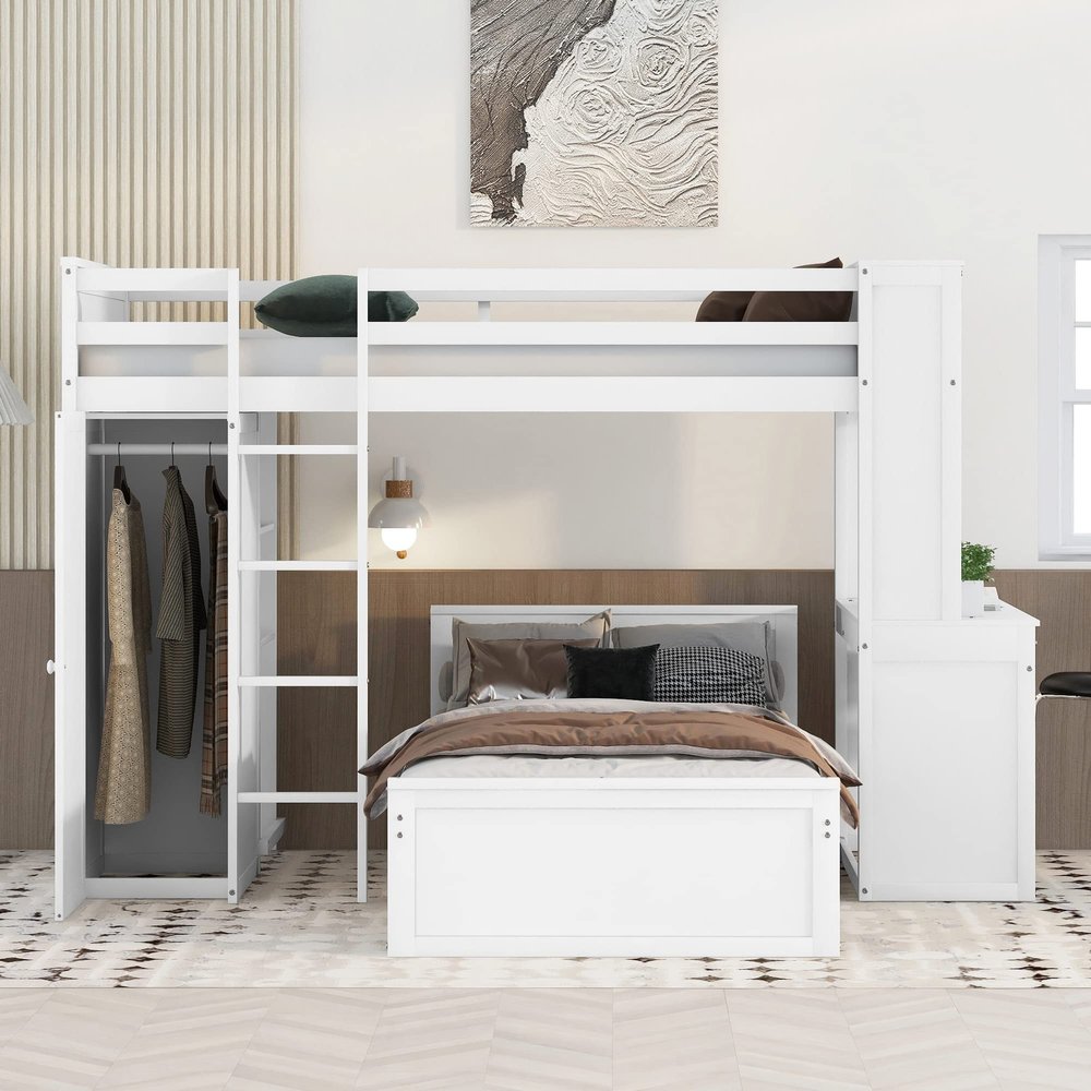 Hlcodca Twin Size Loft Bed with A Twin Size Stand-Alone Bed, Shelves,Desk,and Wardrobe Multifunctional 2 Beds in 1 Space Saving Furniture Bed Frames (White, Twin)