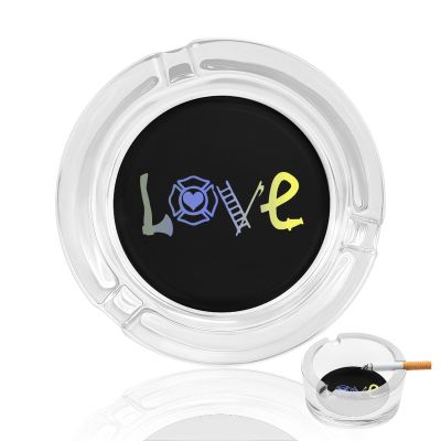 Love Firefighters Glass Ashtrays Round Ash Tray Cute Pretty Ash Holder Case for Home Office Deck Decoration