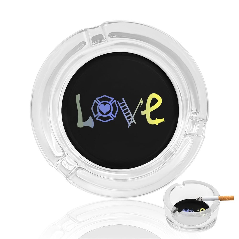 Love Firefighters Glass Ashtrays Round Ash Tray Cute Pretty Ash Holder Case for Home Office Deck Decoration