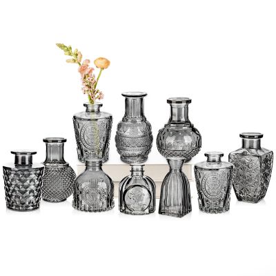 Glass Bud Vases Set of 10, Small Flower Vase in Bulk for Centerpieces, Mini Vintage Grey Vases for Rustic Wedding Vintage Home Table Decor