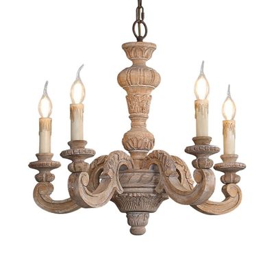 Ceiling Pendant Light, French V-intage Adjustable Chandeliers, Wood Art Carving Candle-Style Hanging Light for Living Room Hallway Dining Room Kitchen Bedroom Pendant Lamp (Color : Wood Color)