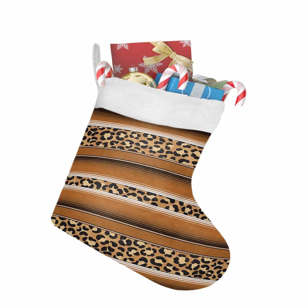 Christmas Stockings, Mexican Striped Leopard Print Stripes Animal Fur Texture Brown Durable Hanging Decor for Trees, Fireplaces, Indoors and Outdoors, Perfect for Storing Gifts, 18x12 Inch