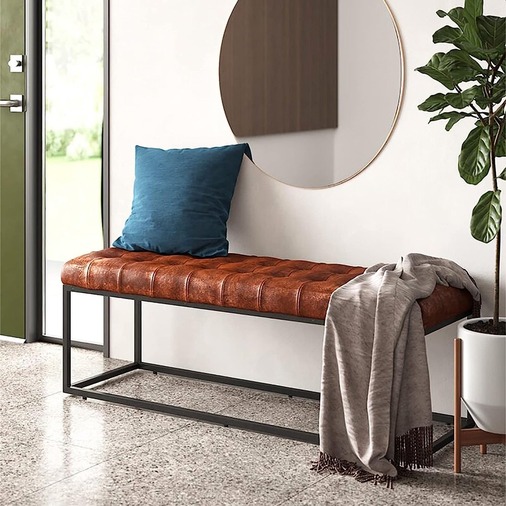 Storage Ottoman Foot Rest end of Bed Bench Metal Entryway Bench,Faux Leather Shoe Bench Upholstered End of Bed Bench,Rusitc Bench Multifunction Bedroom Bench Dining Bench-Brown 100x35x43cm(3