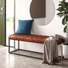 Storage Ottoman Foot Rest end of Bed Bench Metal Entryway Bench,Faux Leather Shoe Bench Upholstered End of Bed Bench,Rusitc Bench Multifunction Bedroom Bench Dining Bench-Brown 100x35x43cm(3 view 1