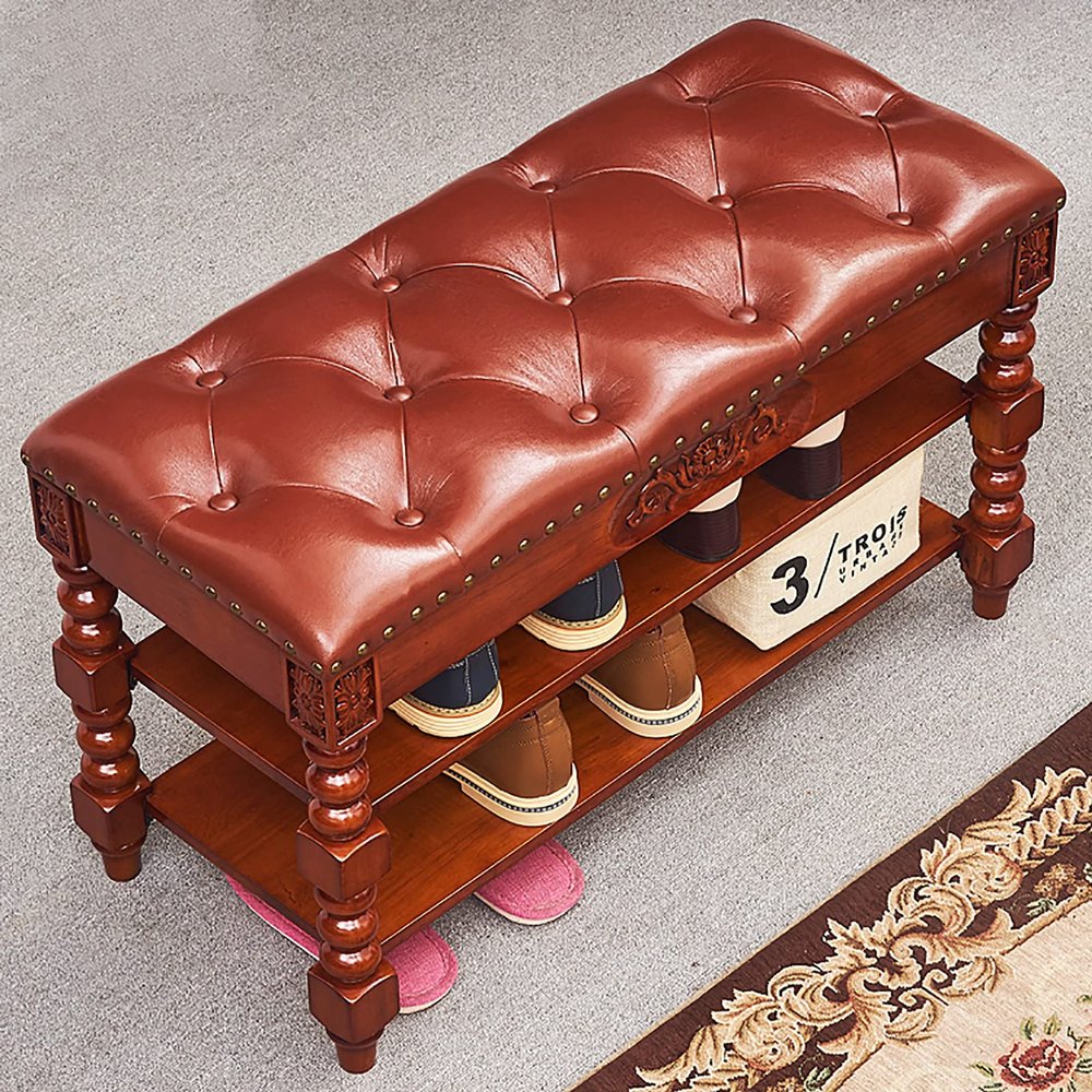 Storage Ottoman Foot Rest end of Bed Bench Solid Wood Entryway Shoe Bench with Padded Cushion Seat,Rustic Decorative Furniture Hallway Shoe Rack Bench,Premium Buttons Leather Storage Bench-F