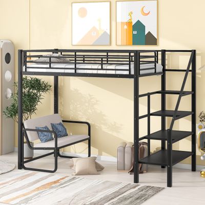 Brabrety Metal Twin Size Loft Bed with Bench and Storage Staircase, Space Saving,Ideal for bedrooms and Dormitories.