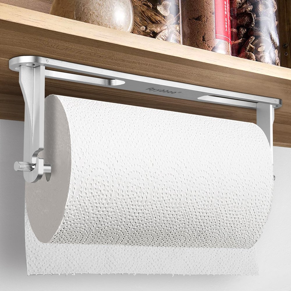 Paper Towel Holder Under Cabinet, Ayybboo Wall Mount Paper Towel Holder, for Kitchen or Bathroom Self-Adhesive or Drill Mounting Paper Roll Holder 13.8in(Silver)