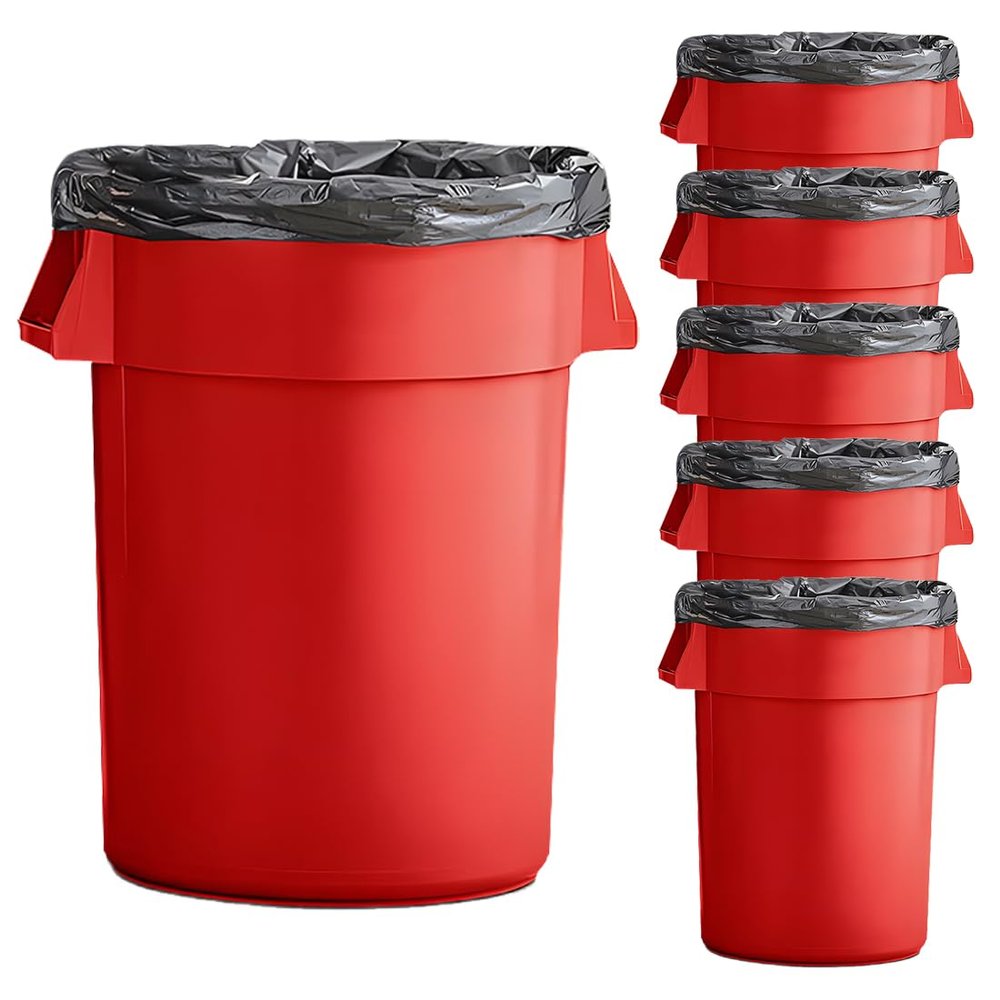 SunSierra Set of 6 55 Gallon Round Commercial Trash Can, Industrial Recycling Bin, Durable Garbage Can, Ingredient Bin, Safe Food Container (Red)