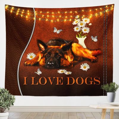 Cute Dog Tapestry,Daisy Flowers Butterfly Rustic Wall Tapestries for Kids Girls Boys Adults,Lovely Pets Animals Wall Hanging,Brown Vintage Home Wall Decor,Medium 59.1 x 59.19 Inches