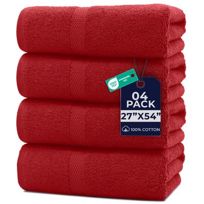 DAN RIVER Bath Towels Set of 4, 27 x 54 Inches, 100% Cotton, Larger & Lighter Weight, Quicker to Dry, Super Soft and Absorbent, Ideal Absorbent Bath Towels for Daily Use, Red