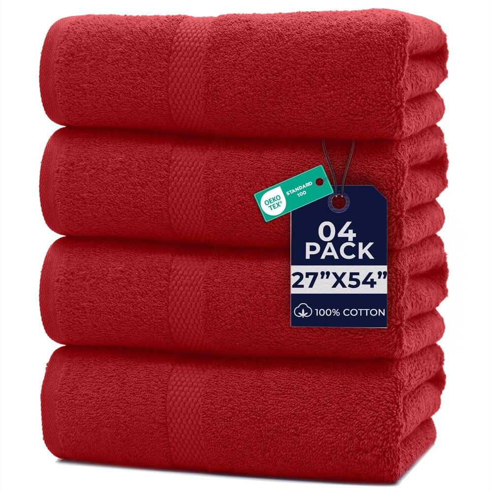 DAN RIVER Bath Towels Set of 4, 27 x 54 Inches, 100% Cotton, Larger & Lighter Weight, Quicker to Dry, Super Soft and Absorbent, Ideal Absorbent Bath Towels for Daily Use, Red