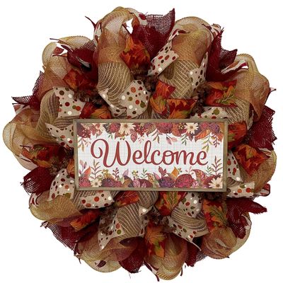 Autumn Welcome Burgundy and Gold Wreath Handmade Deco Mesh Available in 24 inch and 28 inch diameters