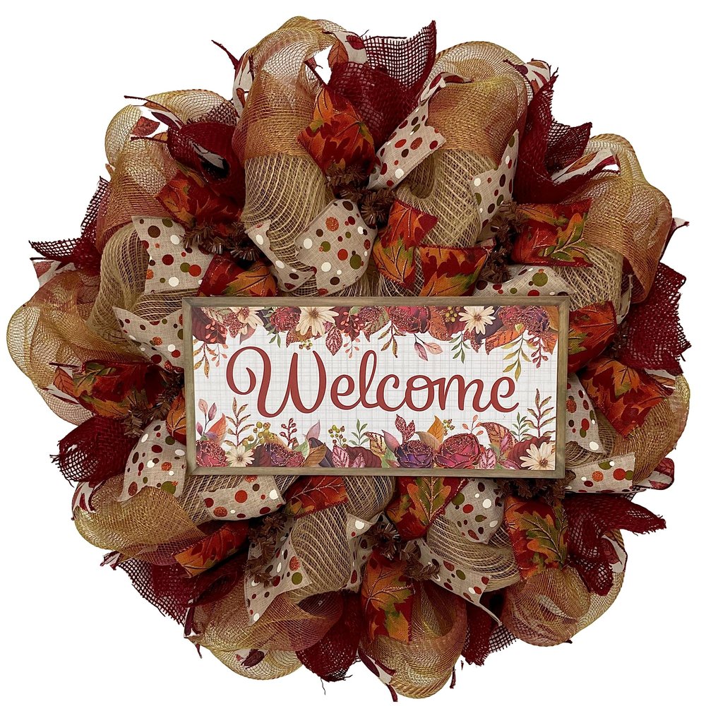 Autumn Welcome Burgundy and Gold Wreath Handmade Deco Mesh Available in 24 inch and 28 inch diameters