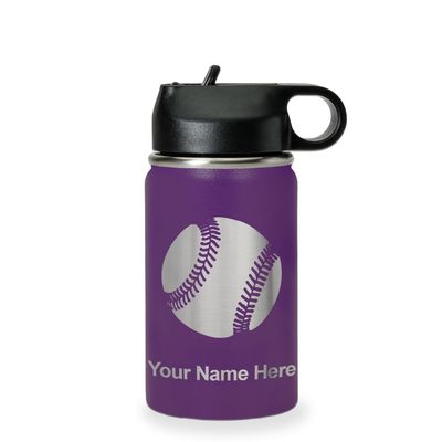 LaserGram Personalized Water Bottle, Baseball Ball, Stainless Steel Double Wall Vacuum Insulated with Flip Top Straw, Custom Engraved Gift (12oz / 335ml Dark Purple)