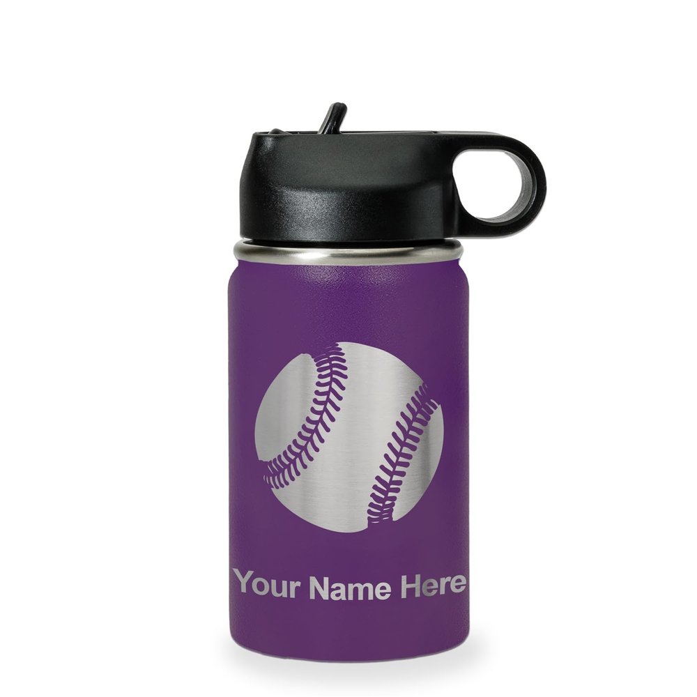 LaserGram Personalized Water Bottle, Baseball Ball, Stainless Steel Double Wall Vacuum Insulated with Flip Top Straw, Custom Engraved Gift (12oz / 335ml Dark Purple)