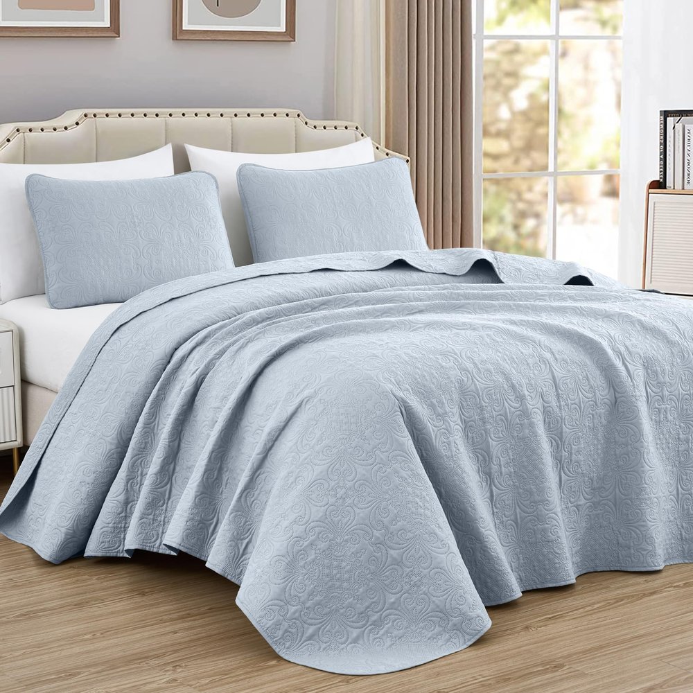 Chezmoi Collection Luca 3-Piece Oversized Bedspread Set, King Size, Silver Gray - Summer Quilt Lightweight Microfiber Bedspread 118 x 106 - Floral Medallion Pattern Coverlet for All Season