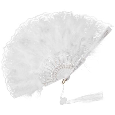 ARTIBETTER Wedding Prop Fan Wedding Decoration Black Trim Vintage Wedding Decor Handheld Fans Hand Held Fan Chinese Decor Chinese Hand Fan Folding Fan for Women Real Tassel Fan Bride White