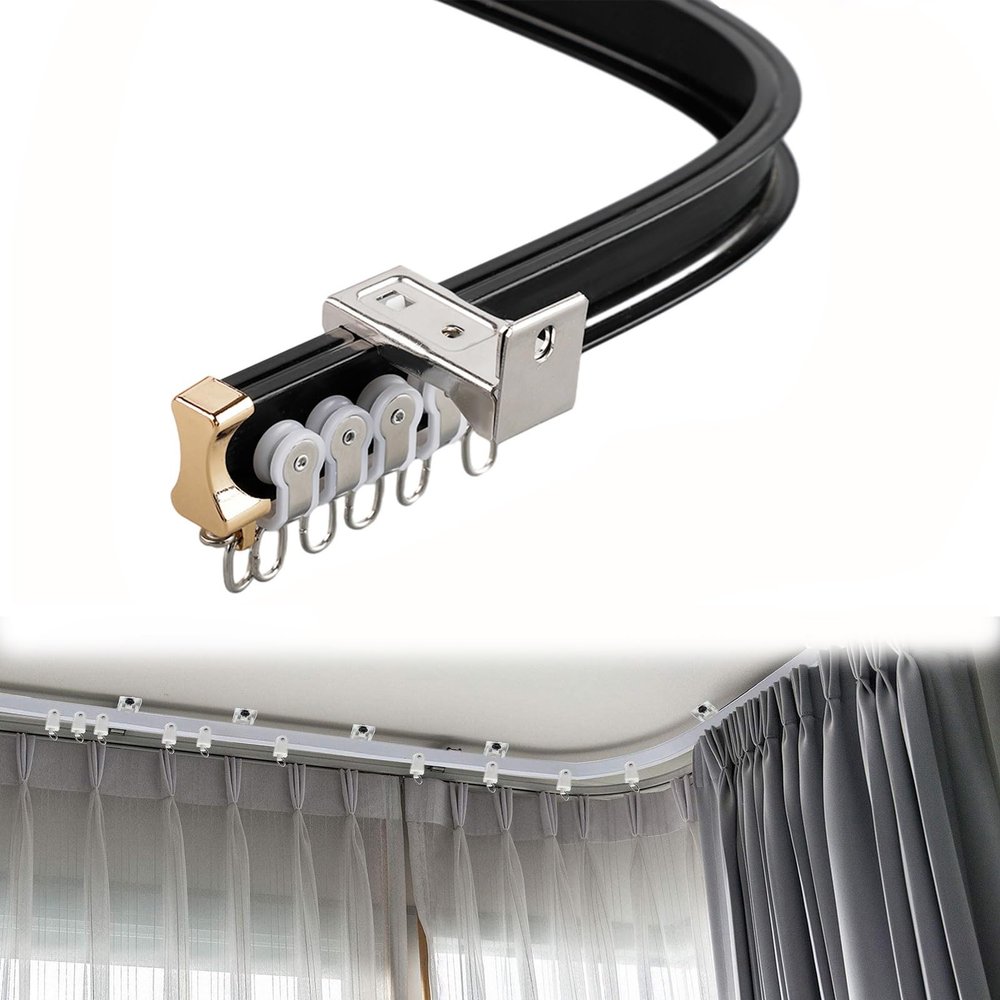 Aluminium Alloy Ceiling Track for Curtains Sliding Curtain Track Flexible Bendable Ceiling Curtain Track Ceiling Wall Mount Curtain Sliding Track System Set for L Shape U Shape Windows (Color : Black