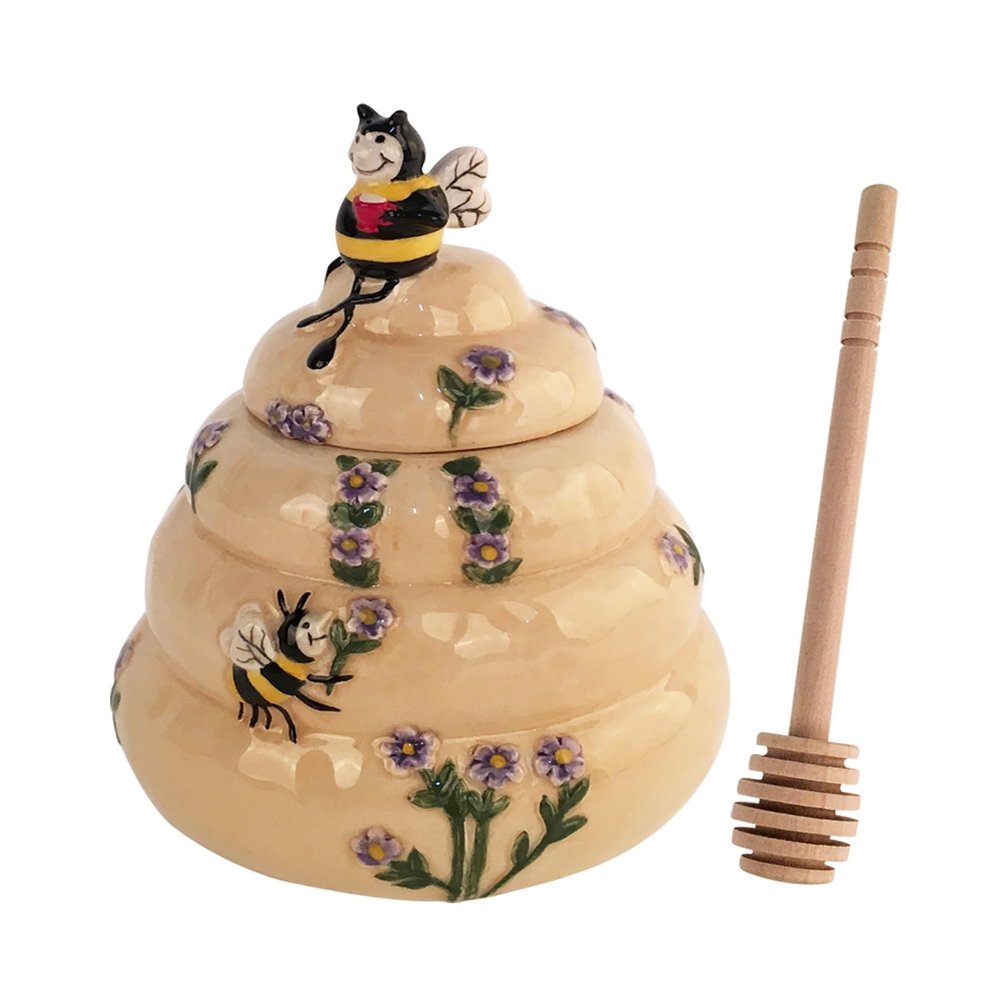 Blue Sky Clayworks Beautiful Hive and Jolly Bees Honey Pot with Dipper Stick