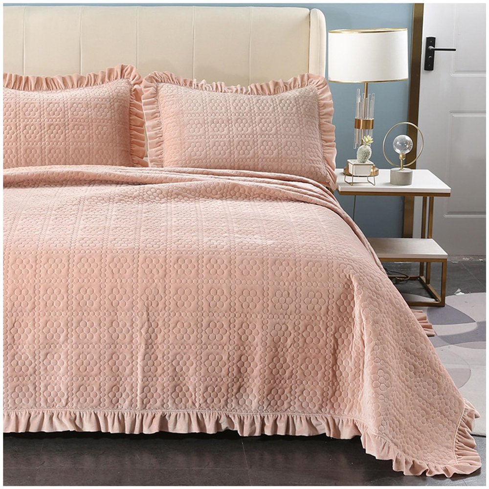 ZTGL Super Soft Flannel Quilted Bedspreads Double Bed Throws - Reversible Embossed Quilted Bed Throw Bedspreads Coverlets with 2 Pillows Cases, Lace Design for Room Decor,Pink,224x234cm