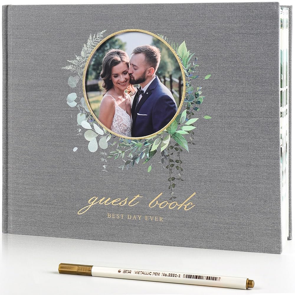 molekaus Wedding Guest Book Polaroid Guest Book Wedding Reception 100 Pages Thick Paper Hardcover 8" x 10" Personalized Wedding Guest Book Alternative with Pen, Photo Corner Protectors Dark Gray