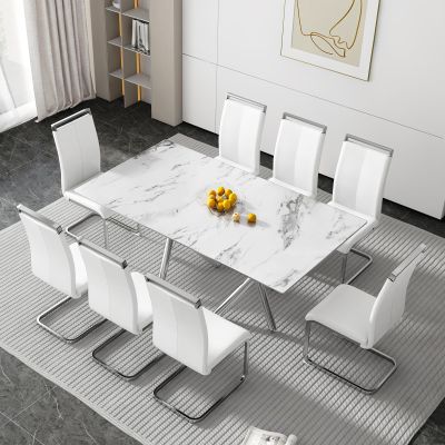 NYEESS Modern Dining Table Set for 8, Rectangular Faux Marble Dining Table Set with 0.39'' Thick Faux Marble Tabletop8 Faux Leather Upholstered Chairs Suitable for Dining Room,Living Room