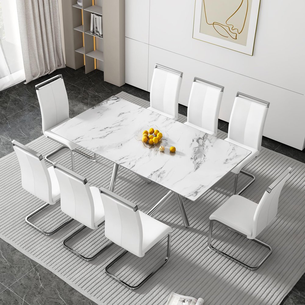 NYEESS Modern Dining Table Set for 8, Rectangular Faux Marble Dining Table Set with 0.39'' Thick Faux Marble Tabletop8 Faux Leather Upholstered Chairs Suitable for Dining Room,Living Room