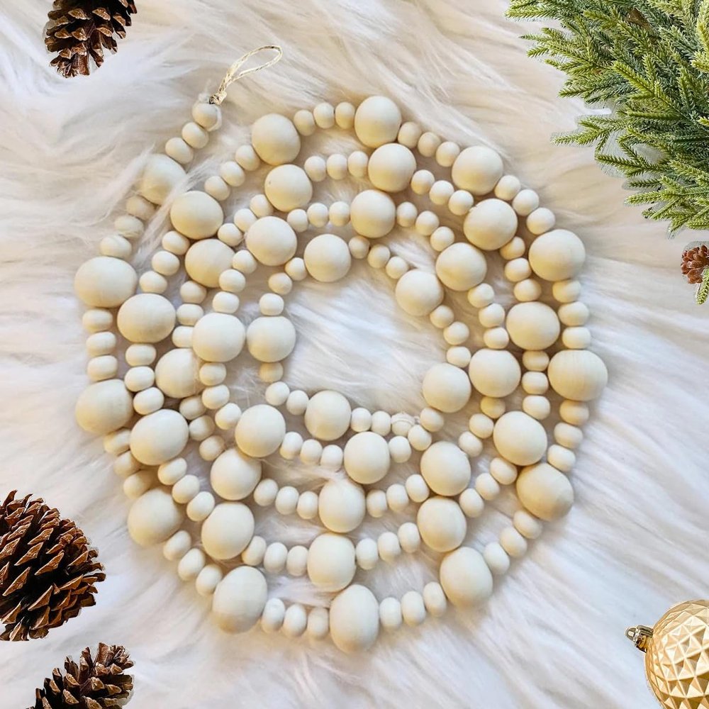 Wooden Bead Garland, 8.5 Foot(2.5m) Long Natural Farmhouse Scandinavian Christmas Tree Decor with Loops for Hanging