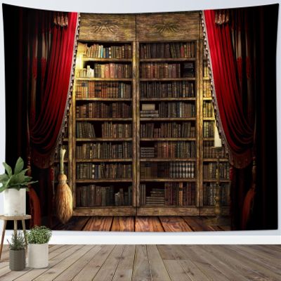 HVEST Vintage Bookshelf Tapestry Wall Hanging Magic Castle Retro Books and Witch Broom for Bedroom, Living Room, Dorm - 60W x 40H inches