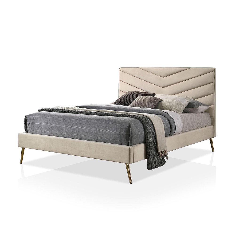 Furniture of America Reverie Mid-Century Modern Chevron Tufted Fabric Upholstered Full-Size Bed for Bedroom, Guest Room, Beige