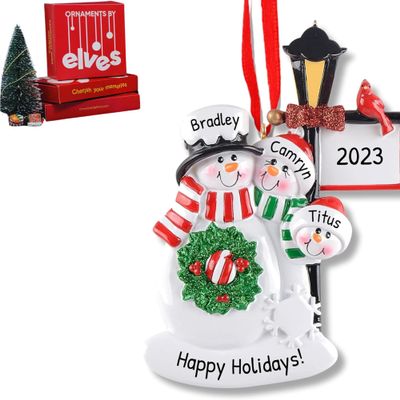 3D Snowman Family of 4 with Bird Ornament 2025 Personalized Family Christmas Ornaments 2025 | Snowmen Cardinal Personalized Tree Ornaments Customizable Gifts Snow People of Four with Pet Ornament