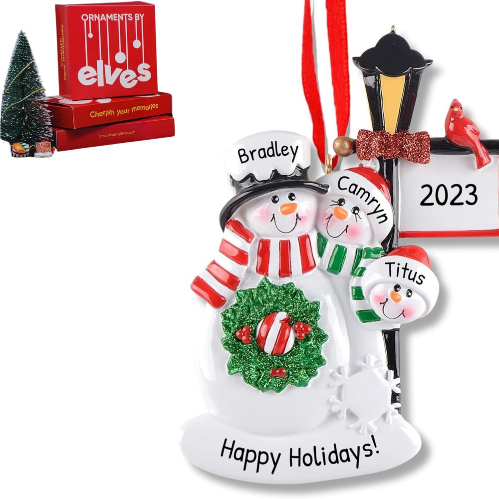 3D Snowman Family of 4 with Bird Ornament 2025 Personalized Family Christmas Ornaments 2025 | Snowmen Cardinal Personalized Tree Ornaments Customizable Gifts Snow People of Four with Pet Ornament