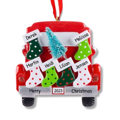 3D Road Trip Family of 6 Ornament 2025 Personalized Family Christmas Ornaments 2025 | Holiday Haul Socks Personalized Tree Ornaments for Grandchildren, Siblings & Grandkids Red Truck of Six Ornament