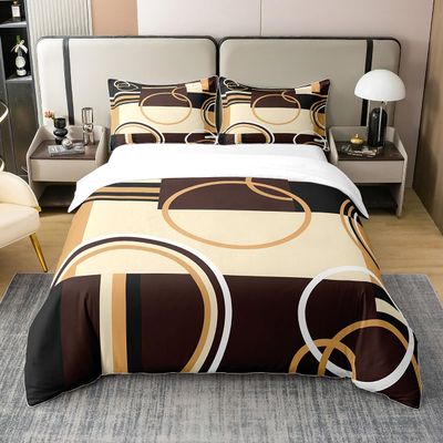 100% Cotton Modern Geometric Bedding Set King Size, Brown Black Stripes Duvet Cover for Kids Adult, Retro Circle Swirls Comforter Cover Bedroom Decor, Abstract Texture Color Art Bedspread Cover