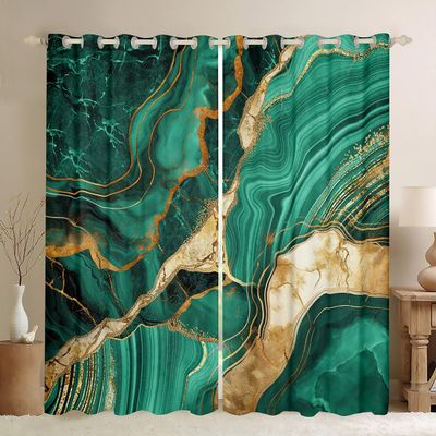 Erosebridal Gold Teal Marble Curtains, Marbling Crack Blackout Curtains, Abstract Metallic Texture Curtains & Drapes, Luxury Shinny Boho Hippie Fluid Window Curtains 52" X 90", 2 Panels