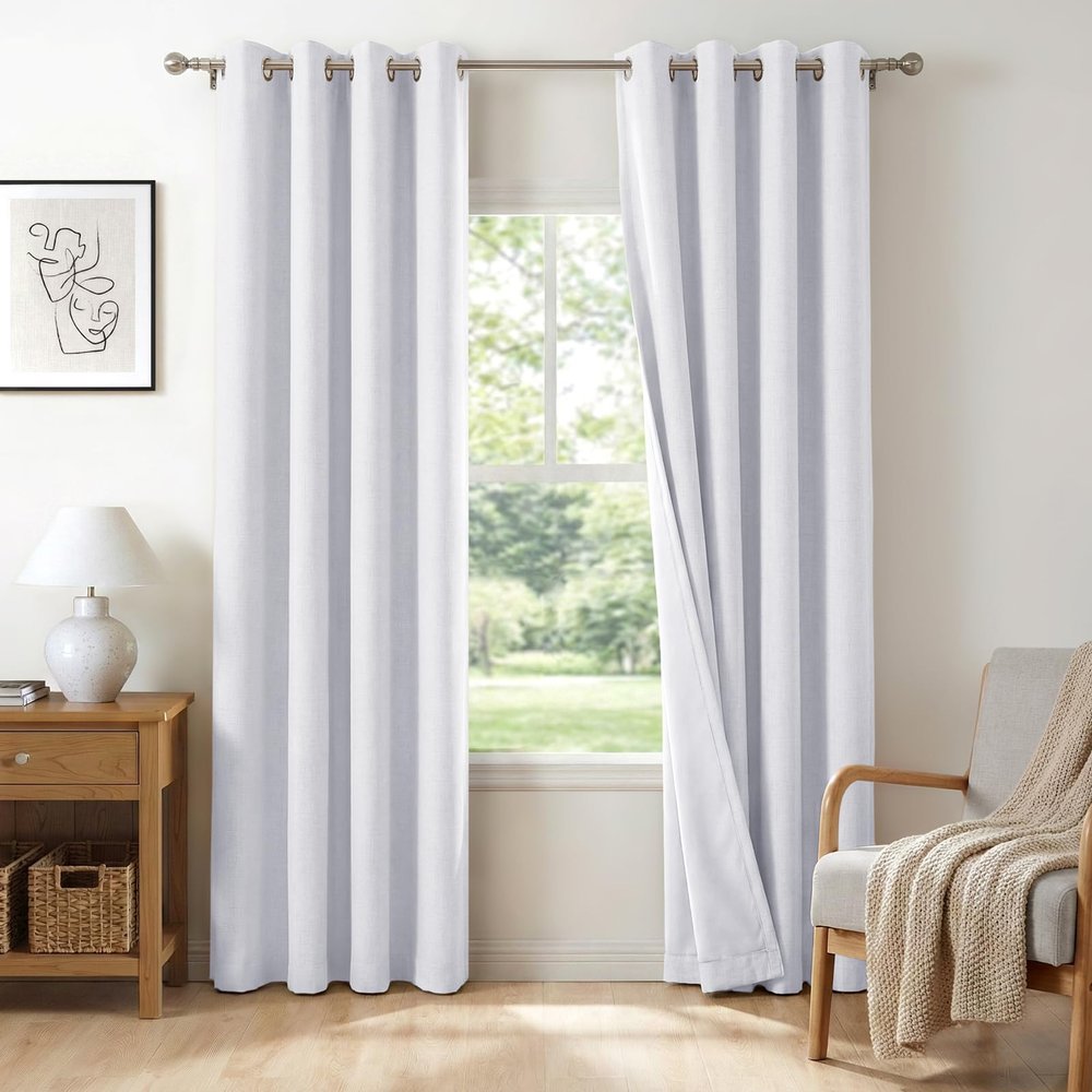 100% Blackout Shield Linen Blackout Curtains for Bedroom, Bright White Grommet Curtains for Living Room, Thermal Insulated Room Darkening Drapes for Nursery, Boho Home Decor, 50" W x 96" L, 2 Panels