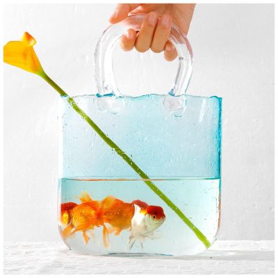 Bag Flower Vase, Vases with Handles Bag Shaped Vase Purse Glass Vase, Glass Vase for Home Dcor,Living Room,Office,Garden,Wedding,Style1-Blue