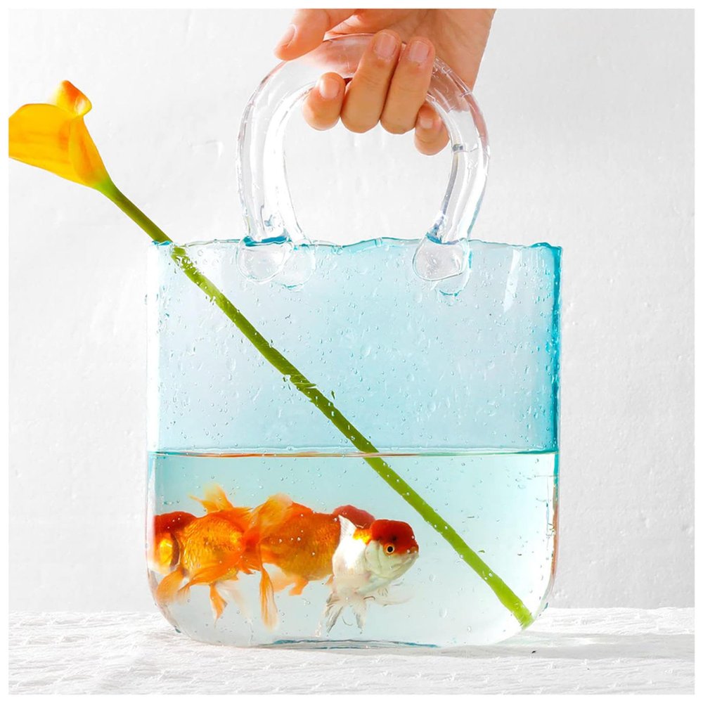 Bag Flower Vase, Vases with Handles Bag Shaped Vase Purse Glass Vase, Glass Vase for Home Dcor,Living Room,Office,Garden,Wedding,Style1-Blue